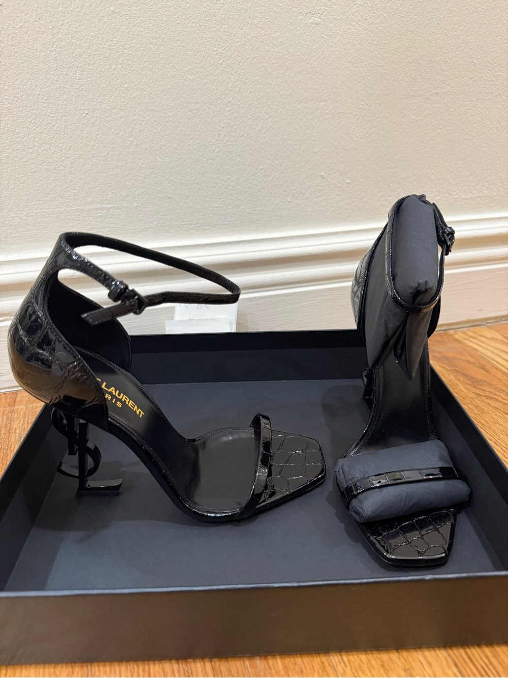 Saint Laurent Black Croc-Embossed Patent YSL Monogram Heels